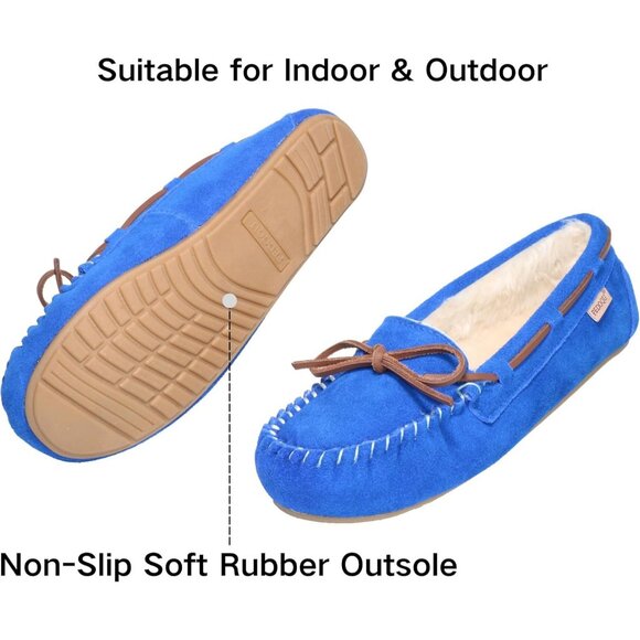 Women's Blue Leather Faux Fur Pile lined lace Up Cozy Bow Warm Slippers Boot - Picture 3 of 5